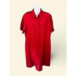 Lauren Ralph‎ Lauren VTGE  Red Silk Button Front Utility Shirt Dress Size 14